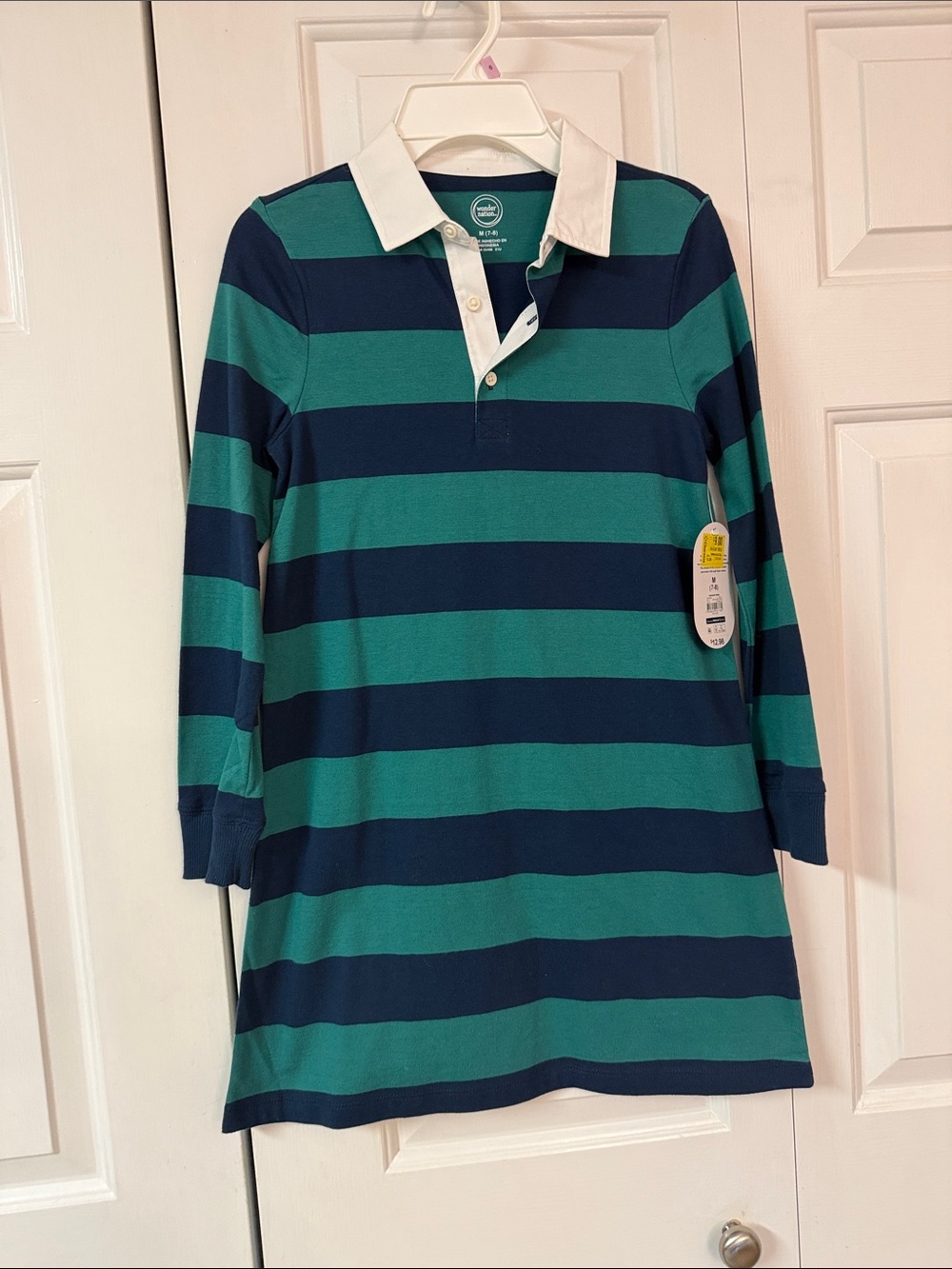 wonder nation Green and Navy Striped Rugby Dress with White Collar